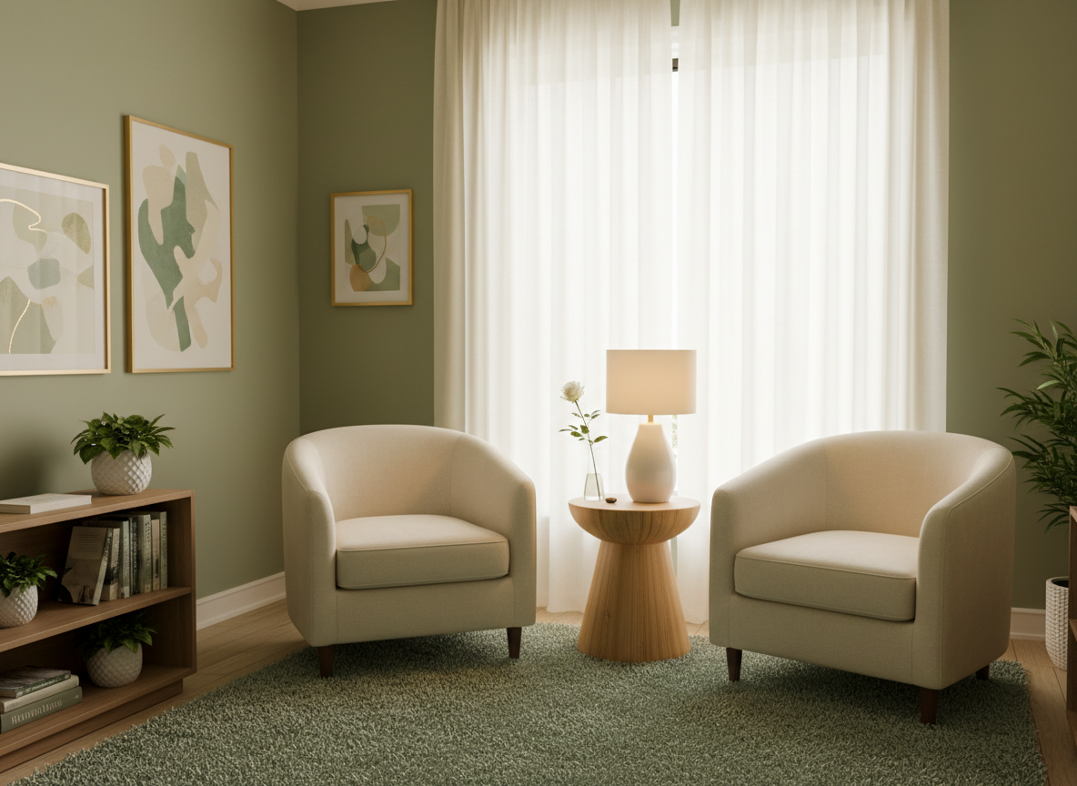 A warm, softly lit therapy room with two comfortable armchairs near a window, creating a safe and welcoming space for counselling.