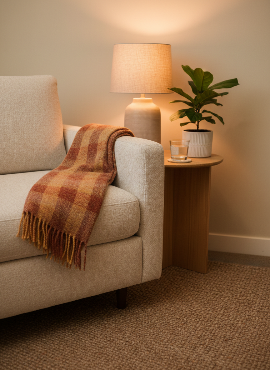 A cosy counselling room detail showing a comfortable chair with a soft blanket and a gentle lamp, evoking a safe and nurturing space for therapy.