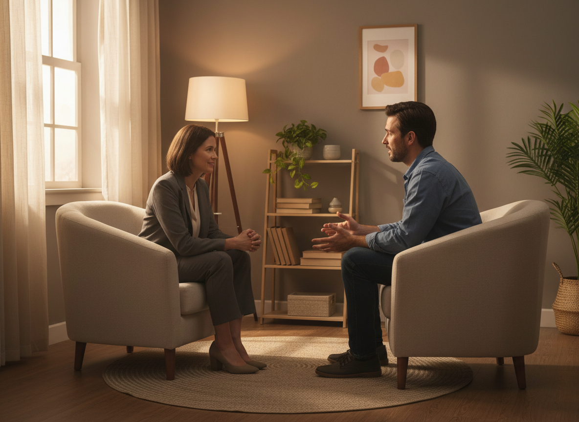 Two people sitting together in a warm, private therapy room, one listening attentively to the other, conveying empathy and human connection.